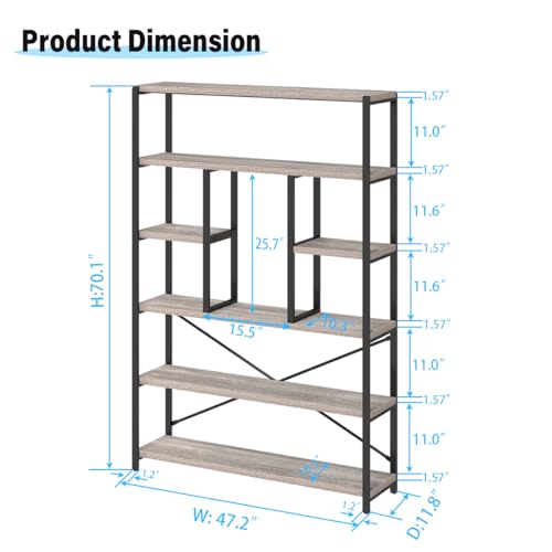 6 Tier Industrial Bookshelf for Bedroom Living Room Office (6 Count)