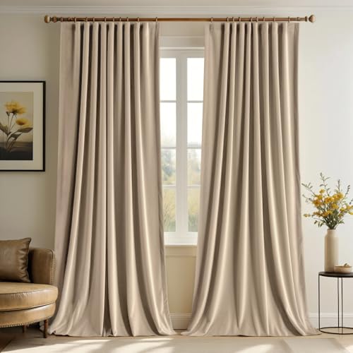 Camel Beige Velvet Pinch Pleat Blackout Curtains W52 X L96 Inches