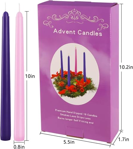 16 Pack Advent Taper Candles Premium Hand Dipped 10in Unscented Christmas Taper Candles (16 Count)