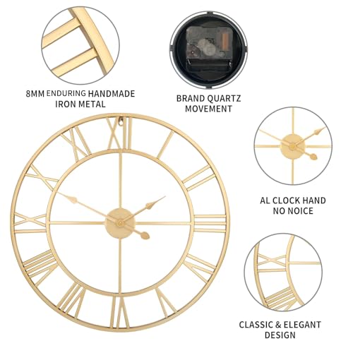 Vintage Retro Roman Numerals Metal Gold Large Wall Clock