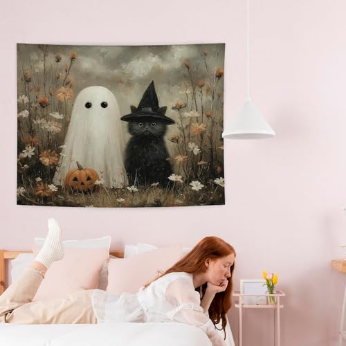 WHCHJ Halloween Ghost and Black Cat Tapestry