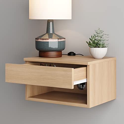 Jackson Wall Mounted Floating Bedroom Nightstand with Storage Drawer and Modern Open Shelf Cubby Set of 2