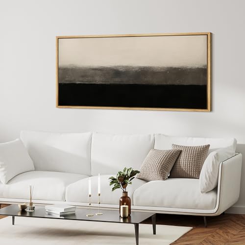 Extra Larg Framed Canvas Print Wall Art Minimalist Black and Beige Abstract Neutral Tones Modern Illustrations Decorative Colorful for Bedroom