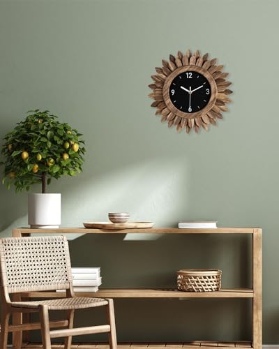 Wall Clock Battery Operated 12 in Rustic Wood Boho Sunburst Decorative Wall Clock Silent Non Ticking Farmhouse Small Wall Clocks for Living Room Kitchen Bathroom Bedroom Decor