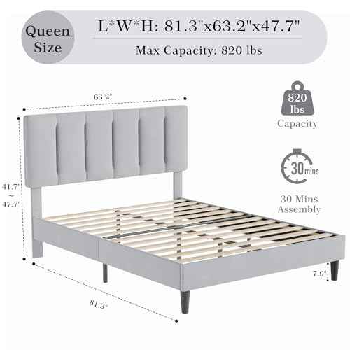 Queen Size Bed Frame with Upholstered Headboard