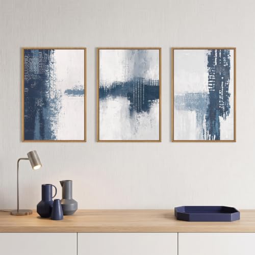 Abstract Navy Blue Grey Framed Canvas Wall Art Set