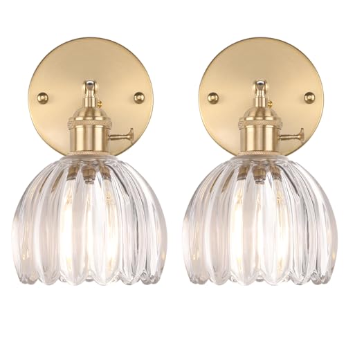 Vintage Wall Sconces Set of 2 with Transparent Tulip Glass Lampshade 180 Degree Adjustable Brass Sconces Hradwired Modern Wall Lighting Fixture with Switch for Bedside Bedroom Doorway (2 Count)