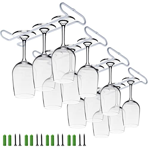 White 4 Wine Glass Rack Under Cabinet Shelf 10 Inch Stemware Storage Hanging Hanger Organizer Glasses Holder with Drying Under Counter Metal for Kitchen and Bar (4 Count)