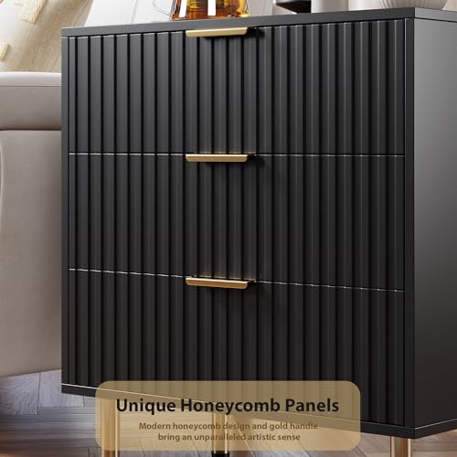 Fluted Black 3 Drawer Dresser for Bedroom with Deep Drawers