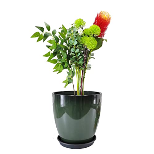 Garden Green Plastic Round 11.8 Inches Diameter 11.8 Inches Tall Planter Resin Glazed Faux Ceramic Flower Pots Drainage Hole with Saucer Decorative Pot 15675