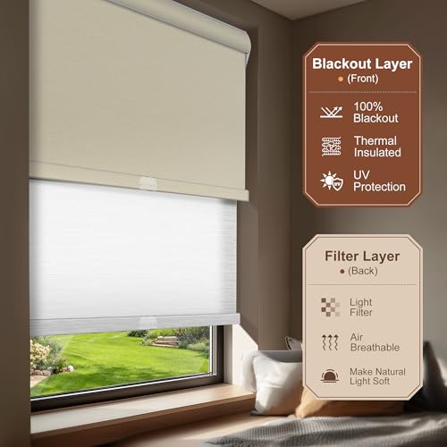 Cordless Dual Roller Shades.Beige and White.78 W x 86" H