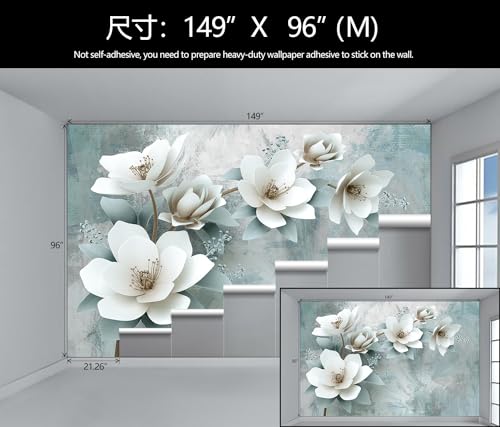 3D White Floral Wallpaper Green Background Wall Mural Girl Bedroom