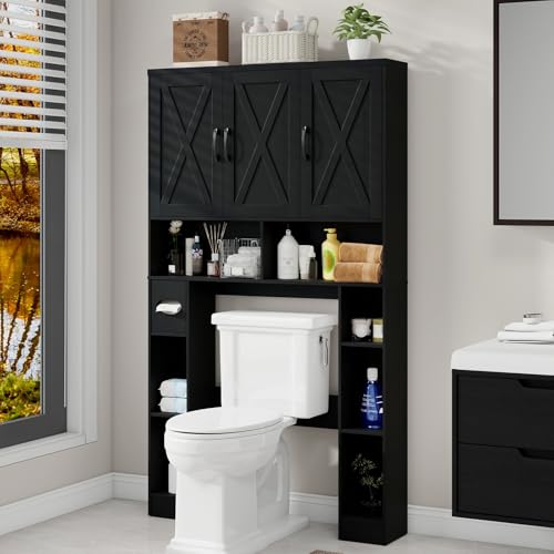 Over The Toilet Storage Cabinet with 3 Barn Doors.Black