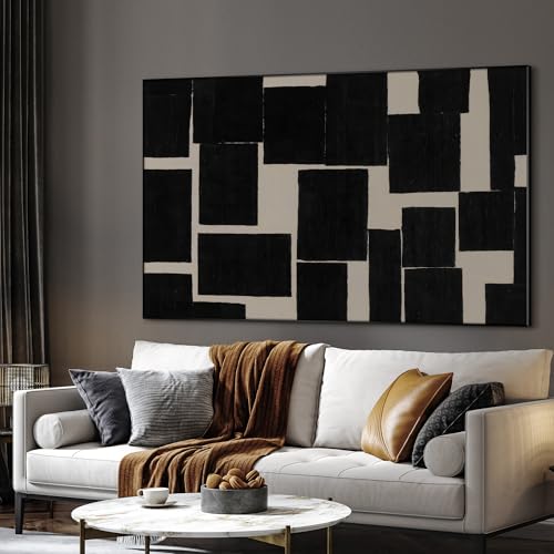 46"x72" Extra Large Framed Wall Art Modern Abstract Black and Beige Geometric Blocks for Home Living Room Bedroom Decor