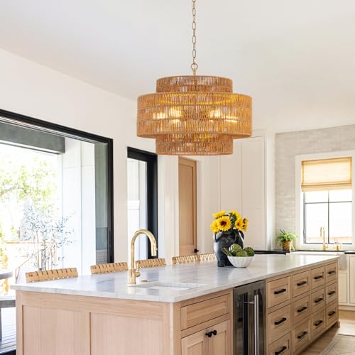 23.6" Large Gold Rattan Chandelier