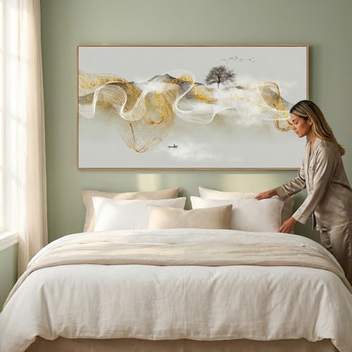 Wall Art Modern Zen Light Luxury Natural Landscape with Golden and White lines Background Wall Decor Canvas Prints for Living Room Bedroom 20x40 Inches