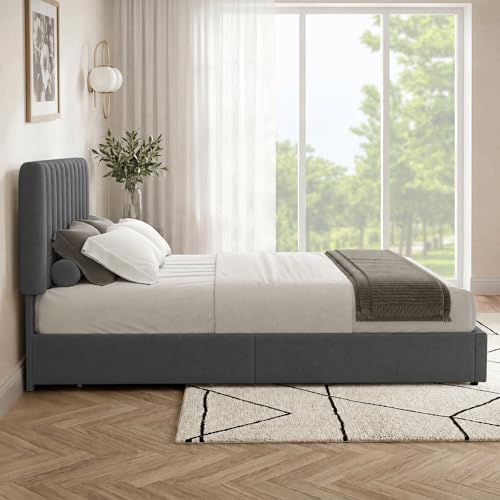Queen Size Upholstered Bed Frame with 4 Drawers and Headboard