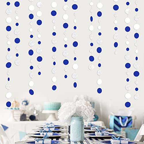 46 Feet Navy Blue White and Silver Circle Dots Garland Royal Blue Hanging Paper Polka Dots Streamer for Birthday Wedding Bridal Shower Nautical Ahoy Achor Graduation Party Decorations Supplies
