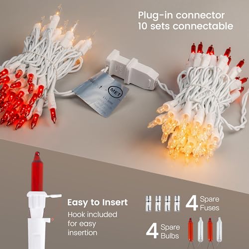 2PACK Red&Warm White Christmas Lights with White Wire (13 Foot)