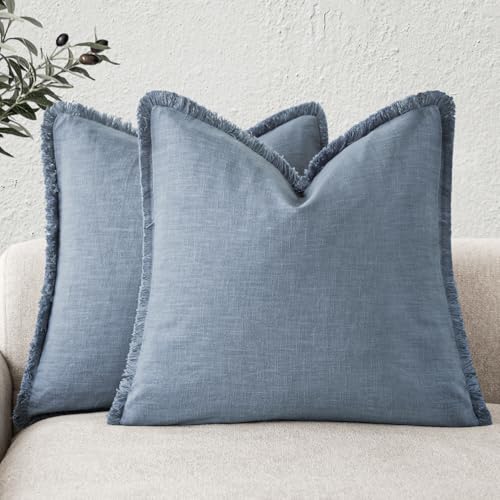 Decorative Linen Fringe Throw Pillow Covers 24×24 Misty Blue (2 Count)