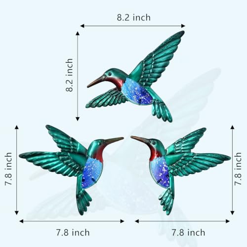 Metal Hummingbird Wall Art 8 inch Metal Birds Wall Sculpture Garden Decoration Outdoor Statue Hand (3 Count)