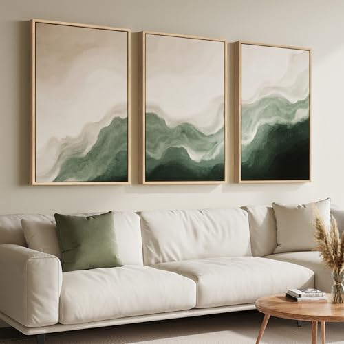 Large Framed Green Beige Abstract Wall Art for Living Room (3 Count)