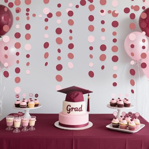 Burgundy Dusty Pink Decorations Circle Dot Garland Maroon Pink Hanging Polka Dot Streamer Banner for Wedding Birthday Bridal Shower Engagement Graduation Anniversary Garnet Party Supplies