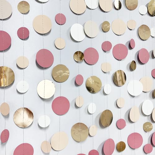 Champagne Gold Dusty Pink Decorations Circle Dots Garland Gold Pink Nude Neutral Cream White Boho Hanging Polka Dot Streamer for Bridal Shower Birthday Wedding Engagement Party Supplies