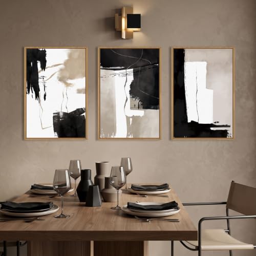 Abstract Black White Brown Framed Canvas Wall Art Set