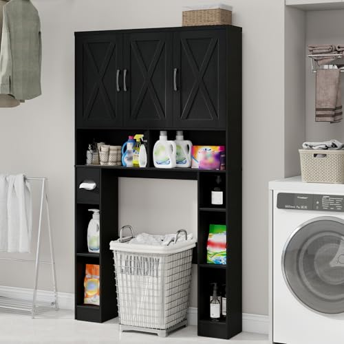 Over The Toilet Storage Cabinet with 3 Barn Doors.Black