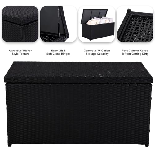 Sundale 70 Gallon Black Rattan Deck Storage Box with Hinged Lid