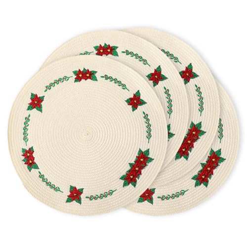 4Pcs Round Christmas Flower Placemats Embroidered Xmas Poinsettia Place Mats Decorative Dinner Table Mats for Holiday Party Decor (4 Count)