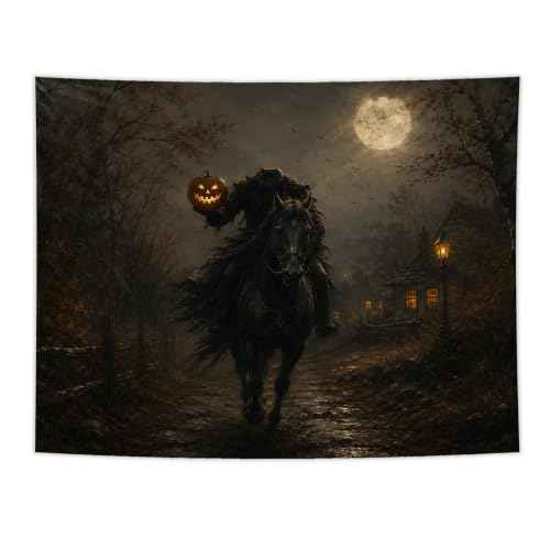 Whimsical Goth Halloween Headless Horseman Wall Tapestry 50x60 In