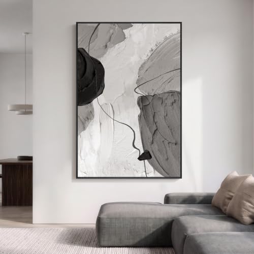 Extra Large Framed Black and White Neutral Abstract Wall Art Vertical 40x60