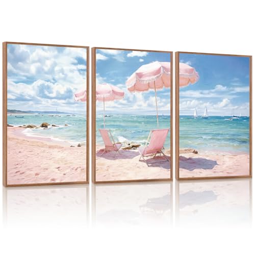 KAlRNE Pink Coastal Framed Art Prints Ocean Canvas Wall Art Set (3 Count)