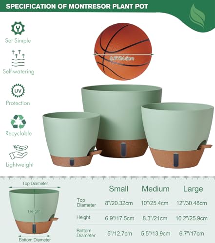 12/10/8 Inch Self Watering Pots for Indoor Plants Plastic Large Pot for Outdoor Plants, Water Level Window & Spacious Reservoir Flower Pots Decorative Planter with Drainage and Tray (3 Count)