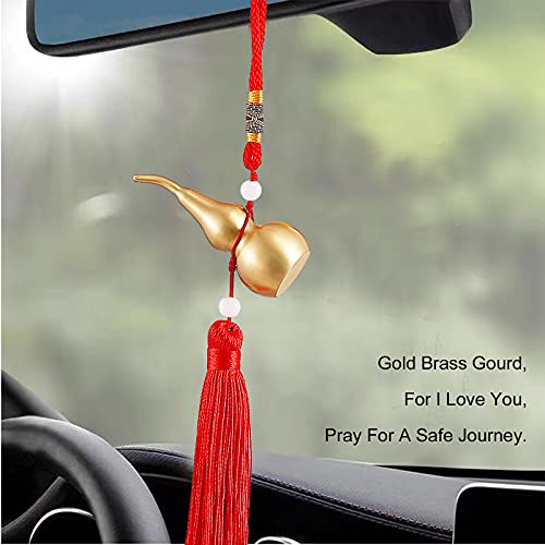 Feng Shui Brass Wu Lou Golden Gourd with Red Luck Strip Treasure Pendant for Bedroom