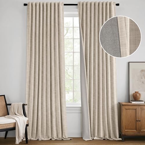 Beige 100% Blackout Linen Curtains 84 Inch 2 Panels Set Double Sided No Coating Pleated Back Tab Black Out Long Thermal Insulated Pinch Pleat Bedroom Living Room Darkening Window Drapes (2 Count)