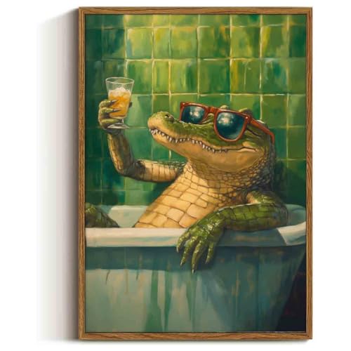 Crocodile Bathroom Canvas Funky Animal Posters Vintage Green Picture Wild Animals Painting Aesthetic Cocktail Picture Funny Bathroom Animals Prints Living Room Decor 16x24inch No Frame