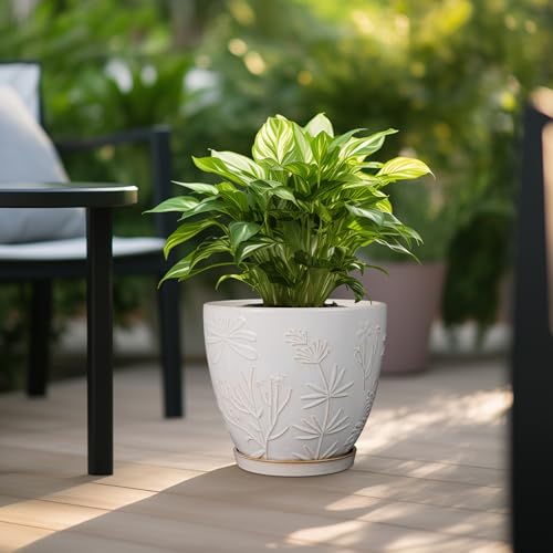 10 Inch Plant Pot Ceramic Planter Pot with Drainage Hole and Saucer Round Planter Large Flower Pot for Indoor Outdoor Plants Home Garden Decor White