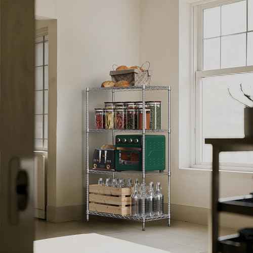1000 lbs 4Tier Shelf Metal Storage Shelves Wire Rack Closet Organizers with Wheel for Garage Kitchen Bathroom Laundry Chrome 13.7" D x 23.6" W x 53.4" H (4 Count)