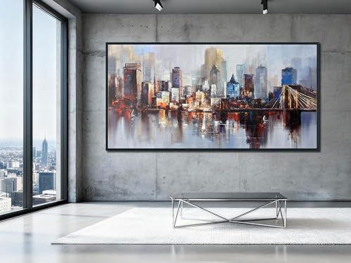 Brooklyn Bridge Wall Art Modern New York Abstract Canvas Cityscape Painting NYC Skyline Textured Picture for Living Room Bedroom Home Office Wall Decor Extra Large Size Black Wood Framed 58"x29"