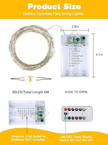 6 Pack 60 LED Fairy Lights Battery Operated with Remote (6 Count)