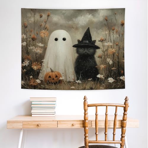 WHCHJ Halloween Ghost and Black Cat Tapestry