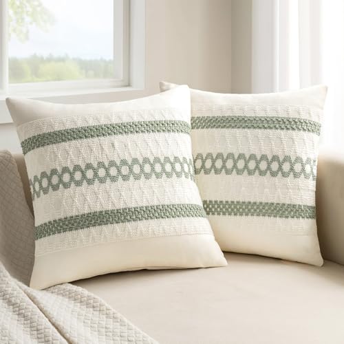 Set of 2 Sage Green Boho Decorative Pillow Covers 18x18 Inch (2 Count)