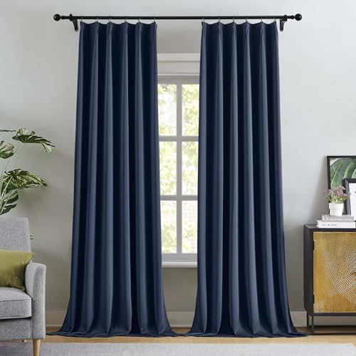 Navy Blue Blackout Pinch Pleated Curtains 96 Inches Long for Bedroom (2 Count)