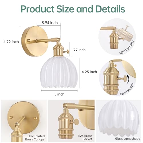 Vintage Wall Sconces with White Tulip Glass Lampshade 180 Degree Adjustable Brass Sconces Hradwired Modern Wall Lighting Fixture with Switch for Bedside Bedroom Doorway