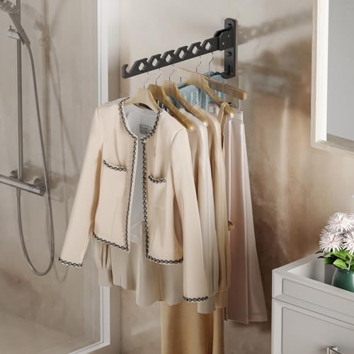 Wall Mount Coat Hanger Holder Black Clothes Drying Organizer Rack Garment Hooks Aluminium Retractable Folding Indoor Wall Mounted Hanger for Laundry Room Bedroom Black 2Pack with 80cm Rod