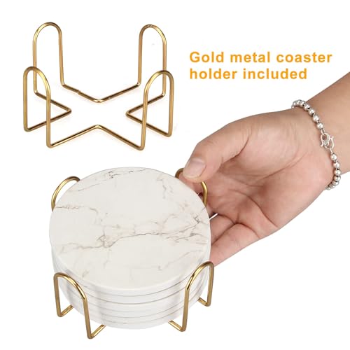 White Marble Coasters Set of 6 Absorbent Ceramic Cute Drink Coaster Holder (6 Count)