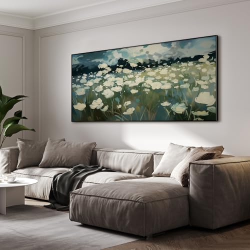 36"x72" Extra Large Framed Wall Art White Wildflower Field in Impressionist Style